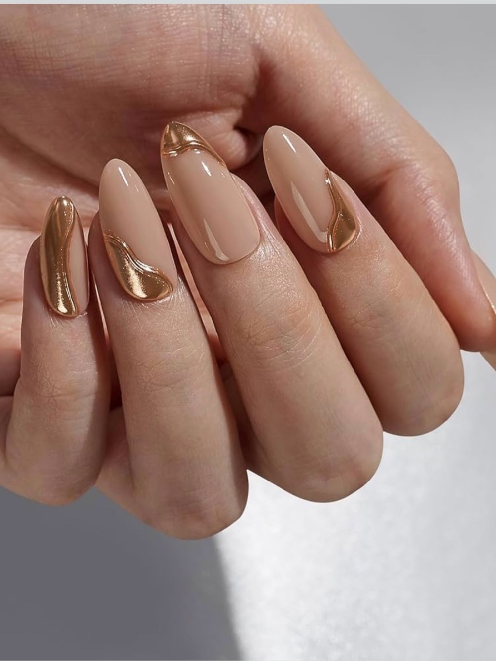 BTARTBOX Nude & Metallic Gold Press-On Nails - “Amber” -  Medium Almond